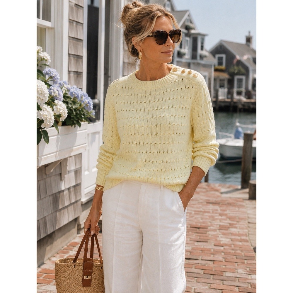 Free Assembly Women's Cable Knit Sweater Lemon Yellow Gold Button Shoulder Size